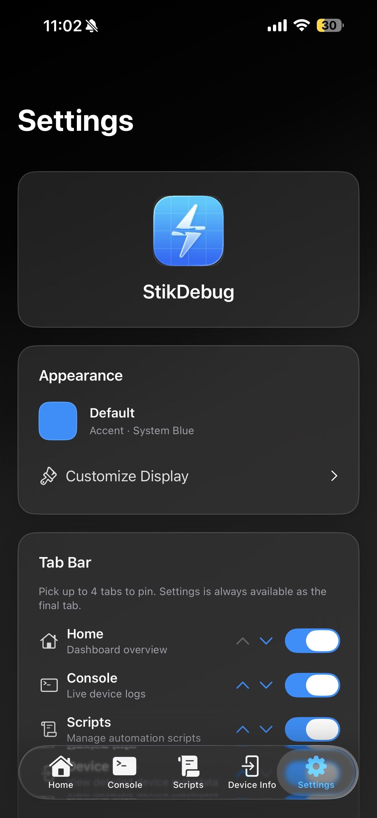 StikDebug settings screen